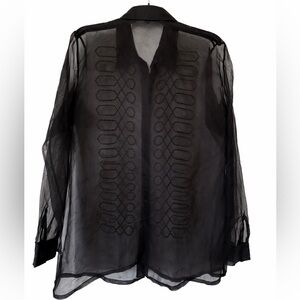 Black Sheer Silk Blouse long sleeves button up embroidered size L